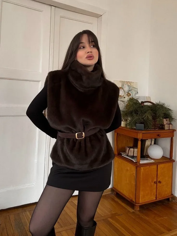 Warm imitation mink fur vest women's thickened turtleneck mink hair vest with sleeveless fur shawl