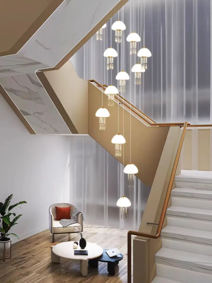 Creative Art Of Spiral Staircase Chandelier Jellyfish Suspended Loft Duplex Villa Modern Crystal Living Room Long LED Chandelier