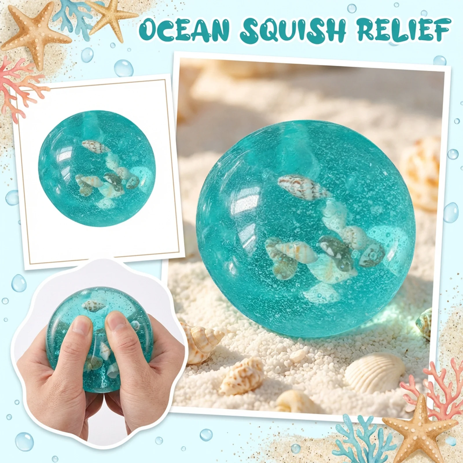 Cute Seashell Embedded Squeeze Toy Teal Transparent Squishy Stress Relief Anxiety Relief Fidget Toy Gift Decor Sensory Toy
