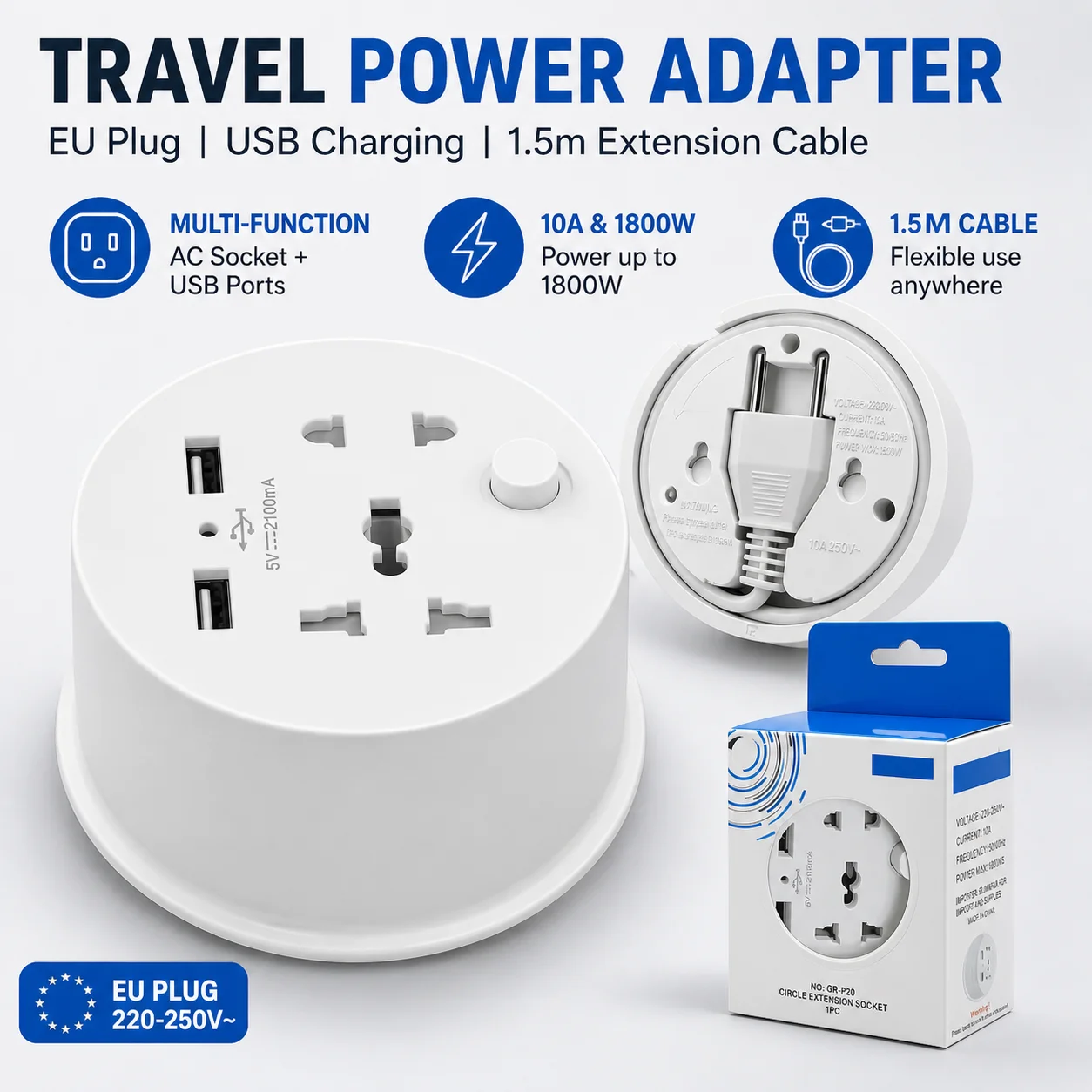

EU Plug Travel Adapter Socket Multifunctional 10A Portable Outlet with USB and 1.5m Power Cable for Home Office Travel Use