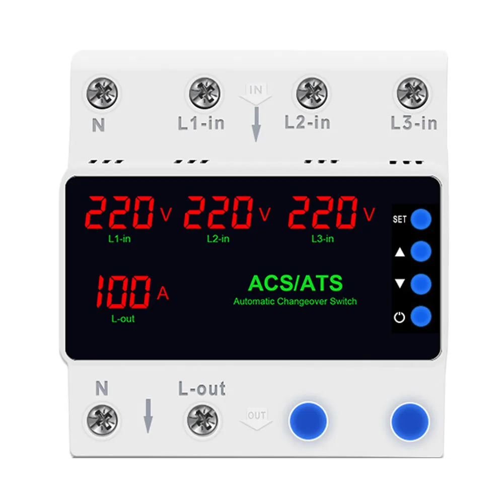 Automatic Transfer Switch Device for 220V Single-Phase Systems with Three Power Supply Options and Real-Time Voltage Monitoring