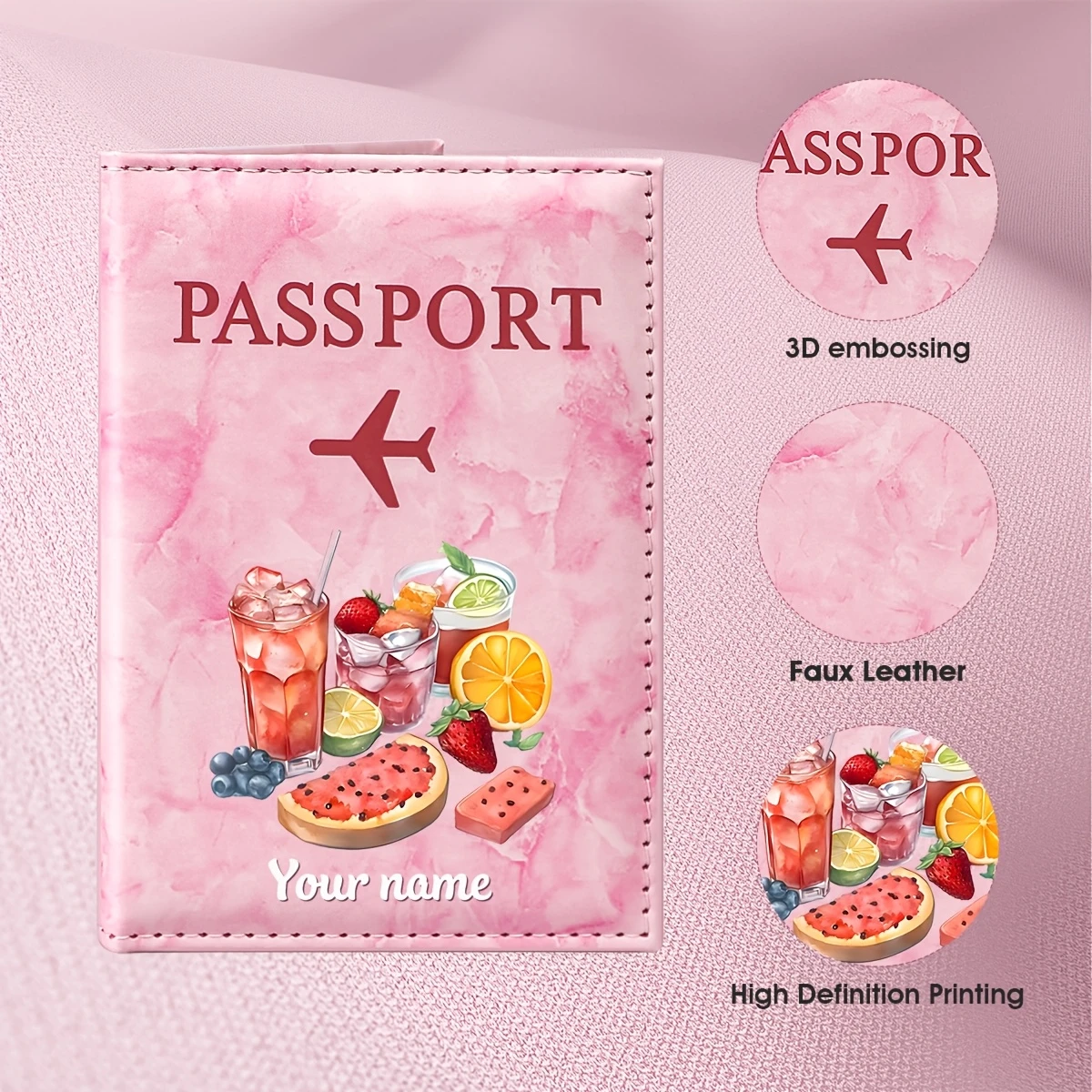 Custom Name Fruit Drink Illustration Style PU Passport Holder, Featuring Patterns of Strawberry And Orange Iced Drinks Along