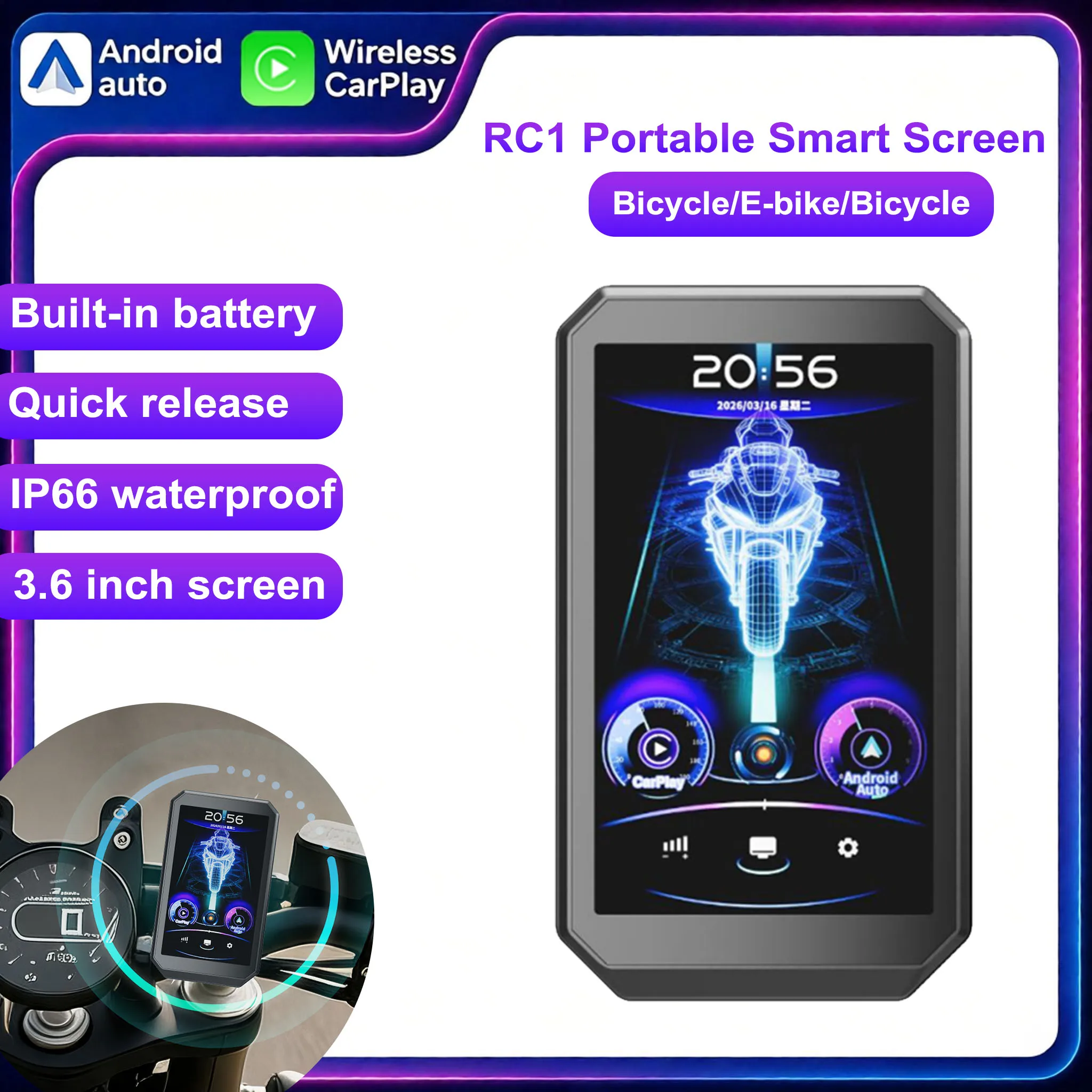 Icreative 3.58'' Inteligentny ekran motocyklowy z bezprzewodowym CarPlay i Android Auto, łatwy montaż, nawigator na kierownicę, przenośny monitor motocyklowy