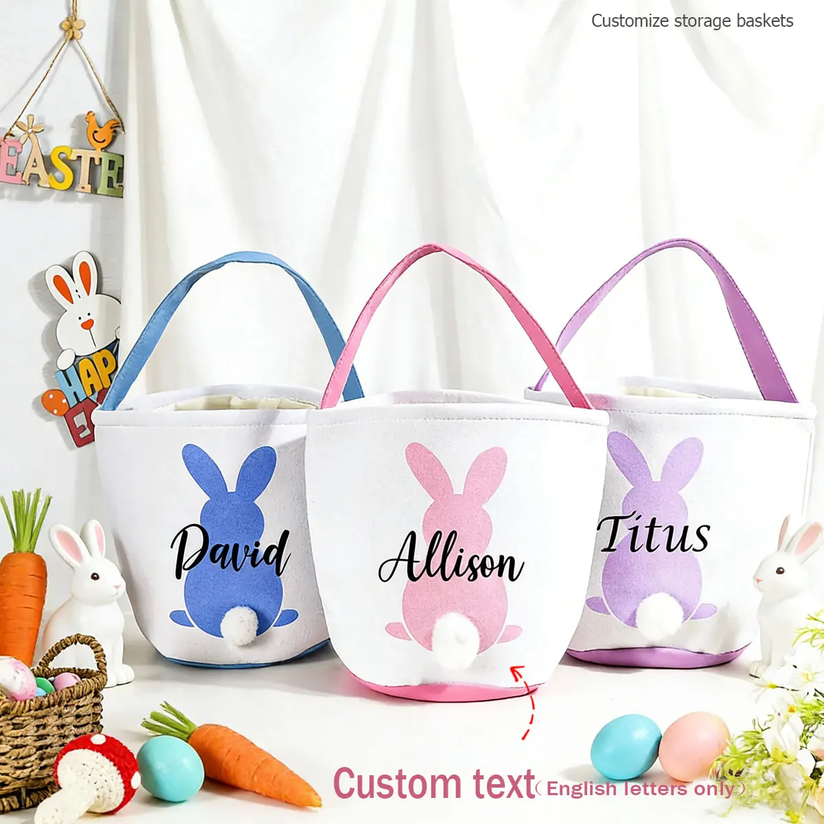 Multi-Color Printed Name Storage Basket, Easter Personalized Gift, Fabric Storage Basket, Colorful Rabbit Tote Bag, Plush Rabbit