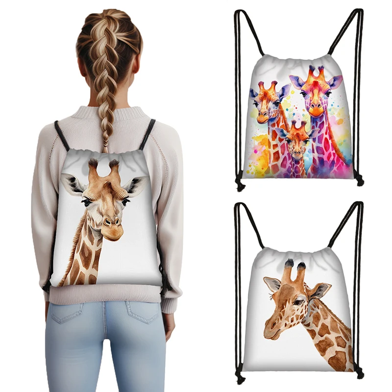 

Cartoon Giraffe Backpack Watercolor Animal Drawstring Bags Large Capacity Storage Bag for Teenager Bookbag Outdoor Daypack Gift