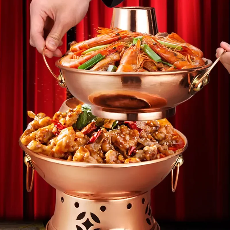 Traditional Double Layer Copper Hot Pot Charcoal Stove for Chicken Mutton Bullfrog Cooking Environmental Friendly Red Brass