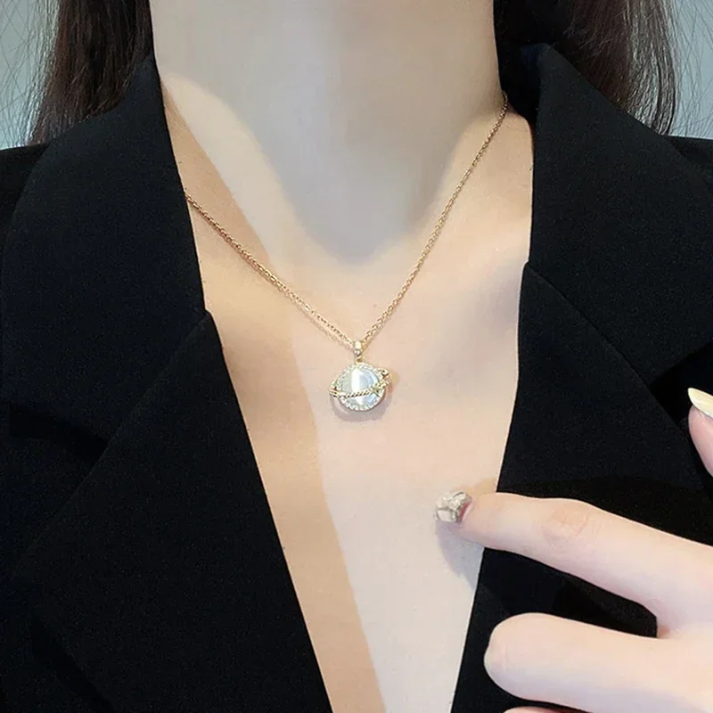 New Trendy 14K Real Gold Plated Planet Opal Necklaces for Women High Quality Jewelry AAA Zircon Titanium Steel Chain Gift