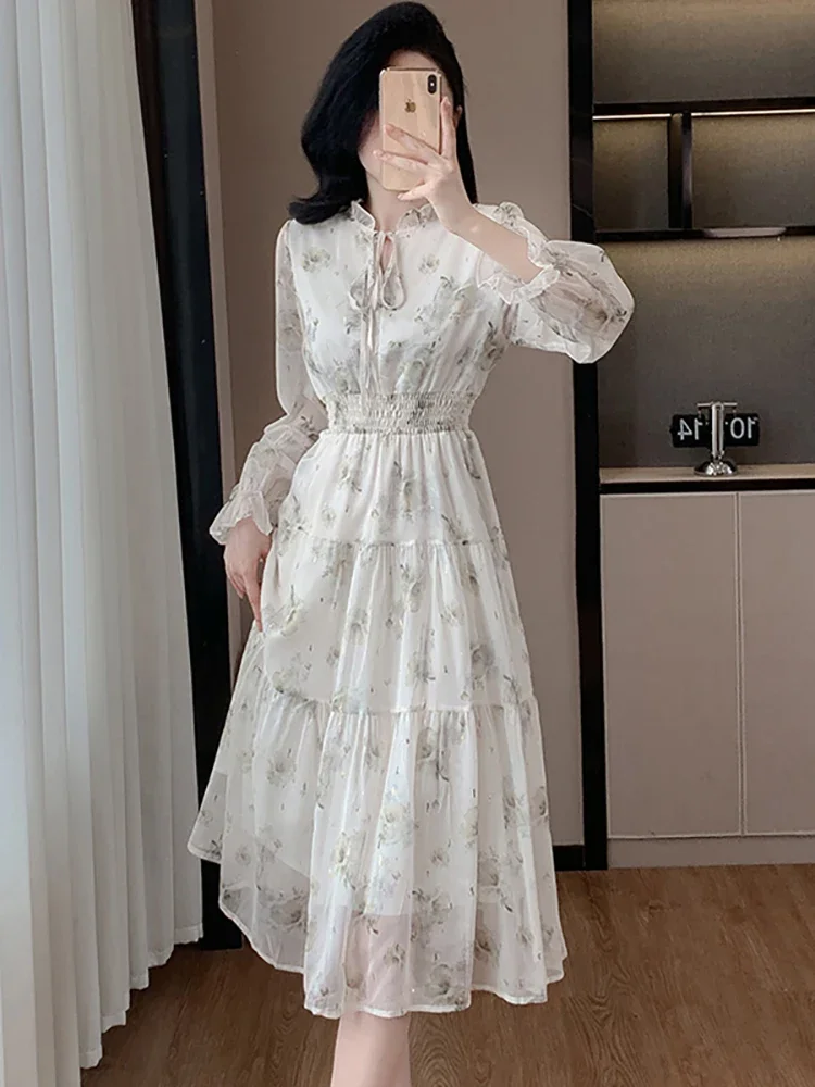 2024 White Floral Chiffon Chic Bow Ruffled Collar Long Dress Women Elegant Casual Holiday Dress Spring Autumn Fashion Prom Dress