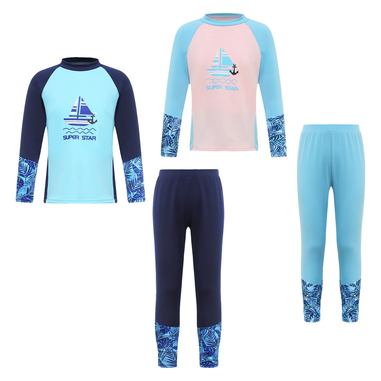 Kids Children Boys Full Body Swimsuit 2Pcs Rash Guard Set Long Sleeve Swim Shirt with Long Pants Swim Beachwear Bathing Suits