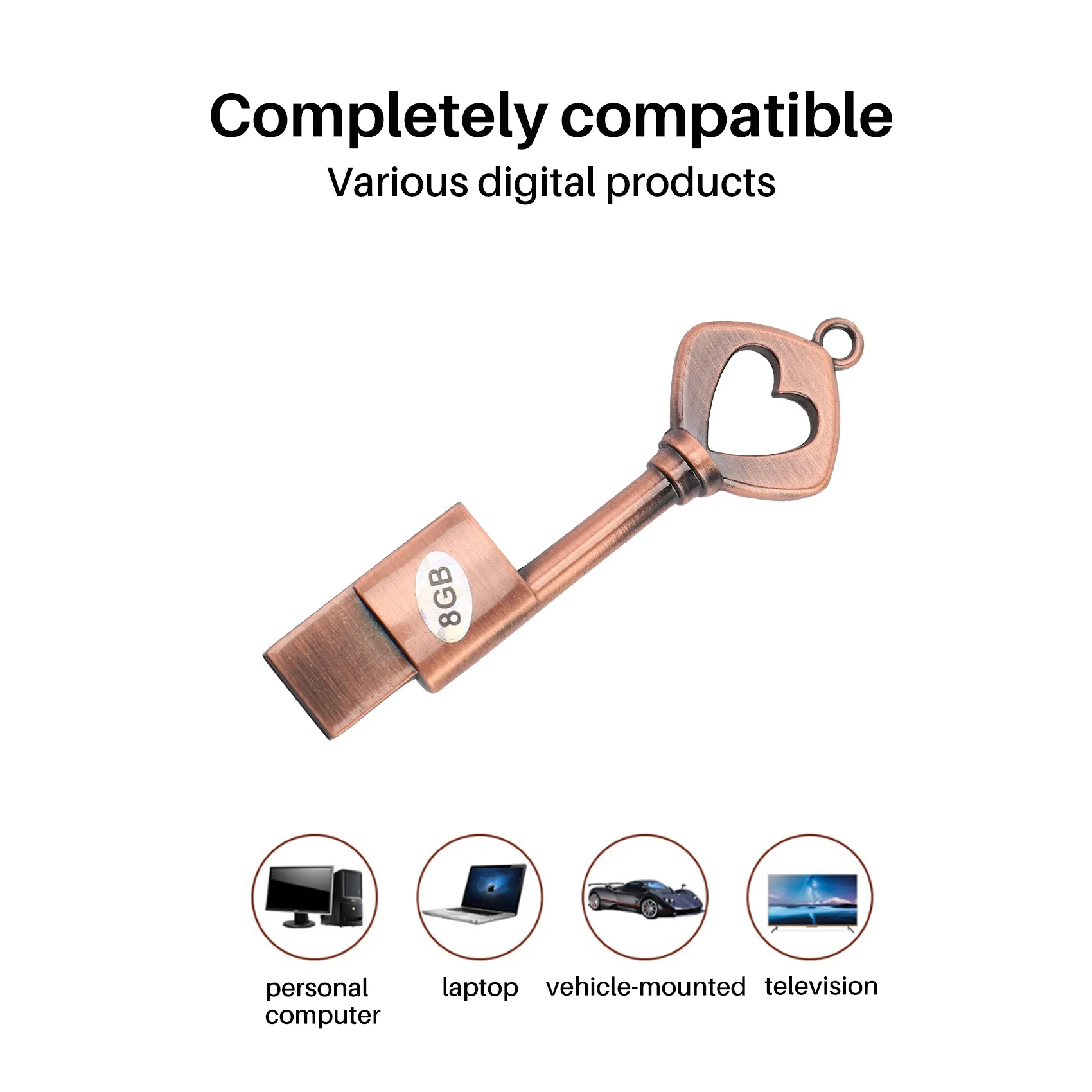 USB 2.0 금속 USB 펜 드라이브, 순수 구리 하트, USB 플래시 드라이브 키, 구리, 8GB