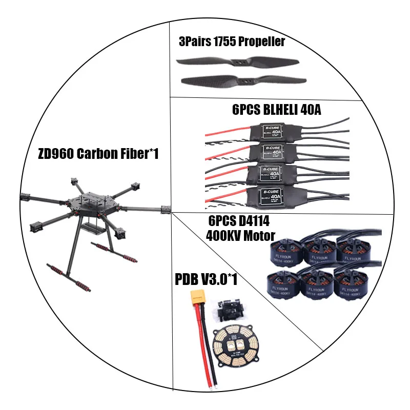 Angeltoy ZD960 Pixhawk2.4.8 M8N Full Carbon Fiber Hexa-Rotor Frame Blheli 40A Esc Flight Comtrol Radio Telemetry Set