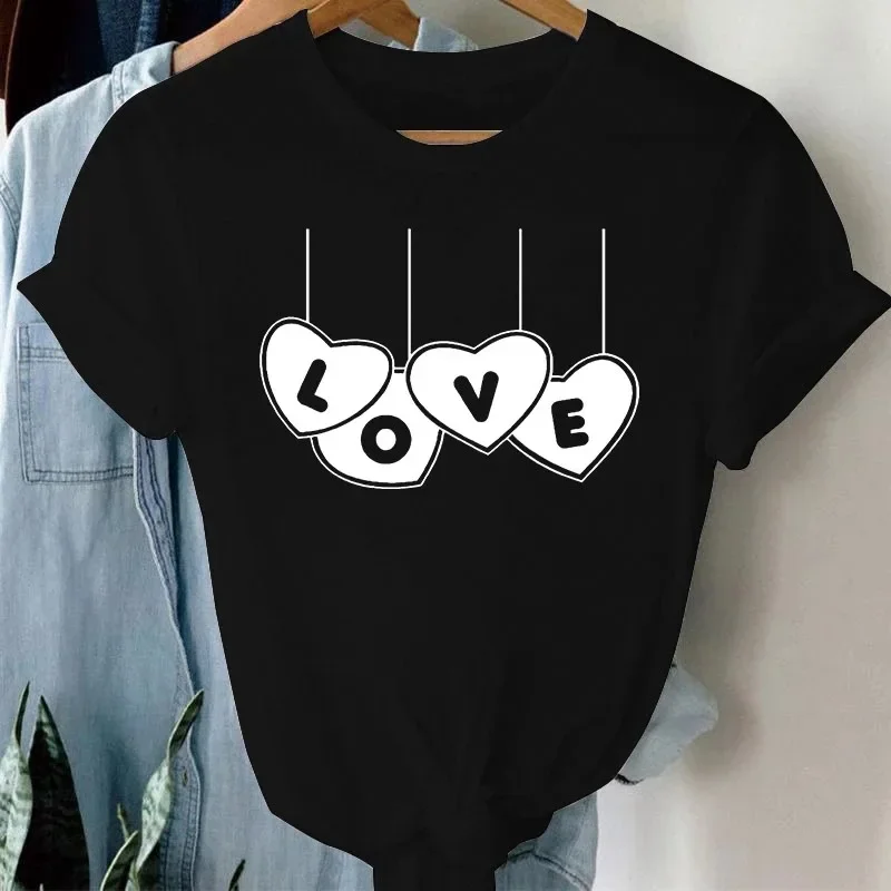 Najnowsza koszulka damska z nadrukiem balonowego czerwonego serca, z krótkim rękawem, okrągły dekolt, luźna koszulka damska, bluzka damska, odzież, Camisetas Mujer