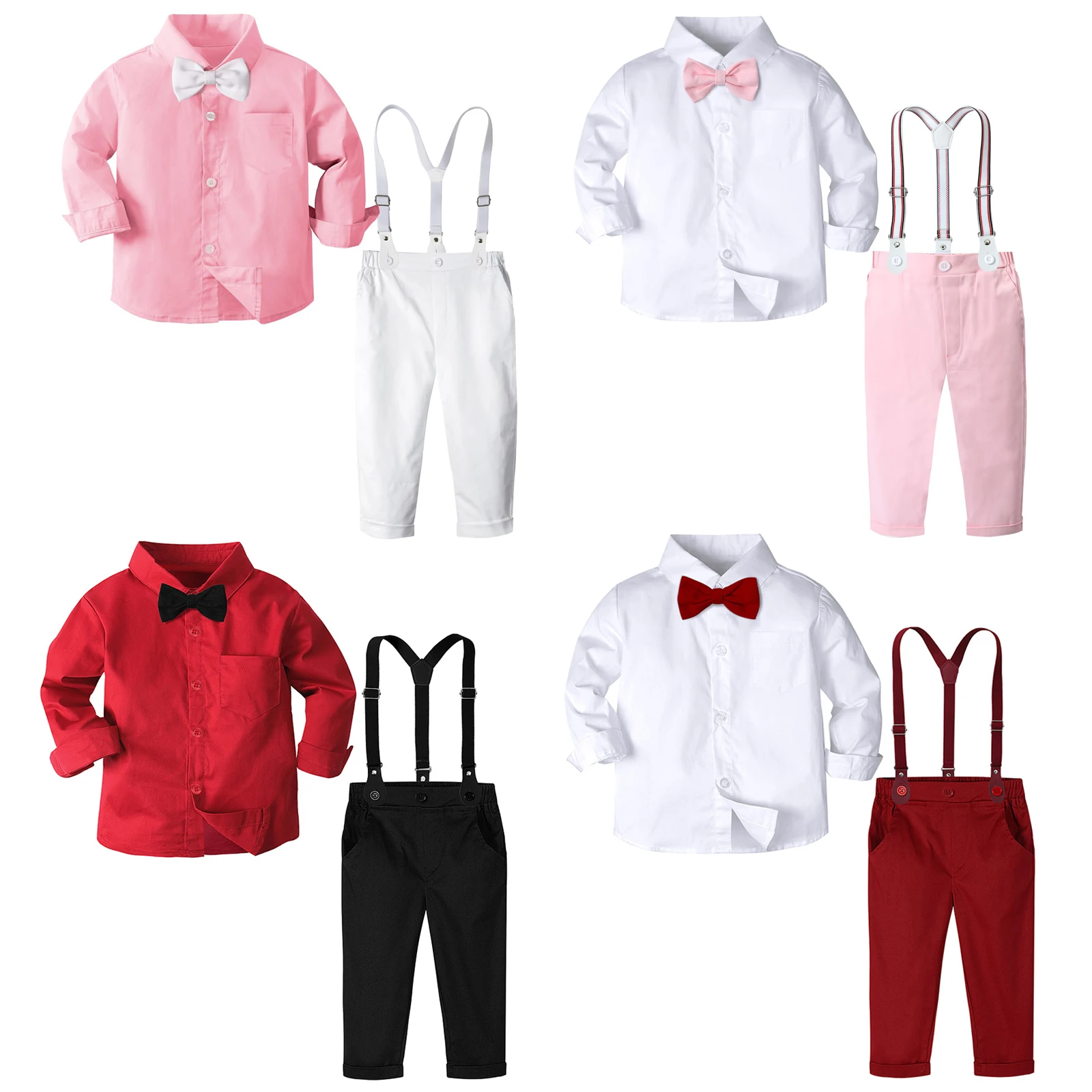 Kids Pink Outfit Boys Wedding Formal Suit Toddler Suspender Pants Sets Child Cute Clothing Set