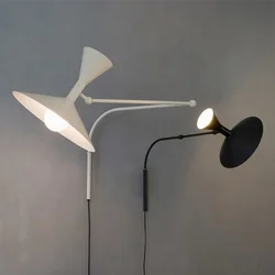 Designerska lampa ścienna Marseille biała czarna metalowa trąbka ramię wahadłowe kinkiet lampa do salonu gabinet lampki nocne do sypialni