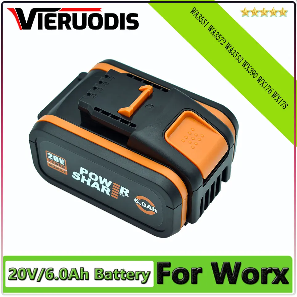 For Worx WA3553 20V 6.0Ah Battery Cordless Power Tool Spare Batteriies WA3551 WA3572 WA3553 WX390 WX176 WX178 Batter