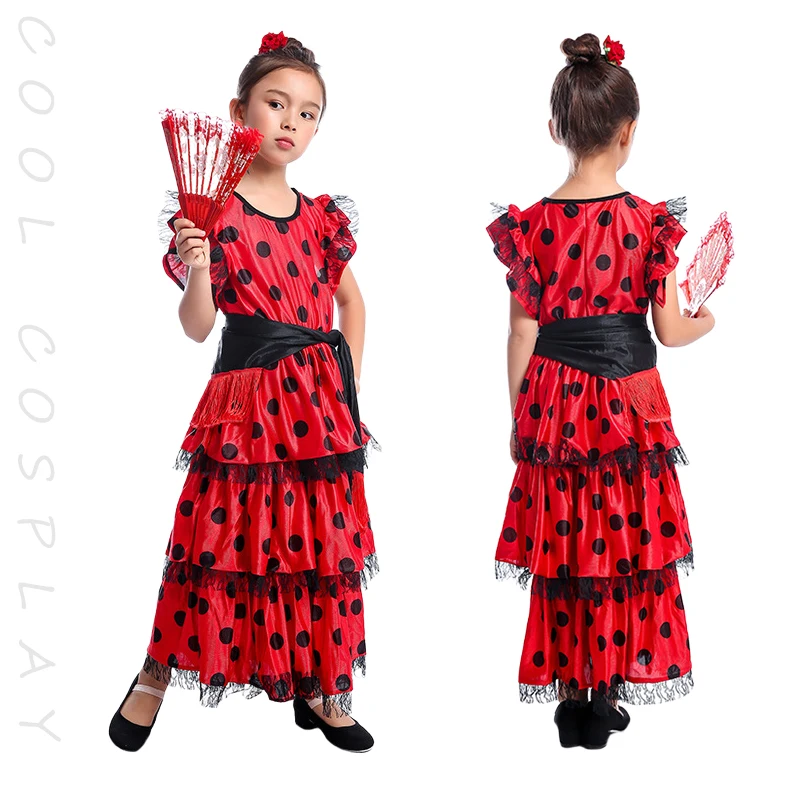 スペインの女の子のドレス カーニカルパーティー コスプレドレス 水玉模様のレース レイヤードフリルドレス フラメンコ衣装 女の子の仮装ドレス