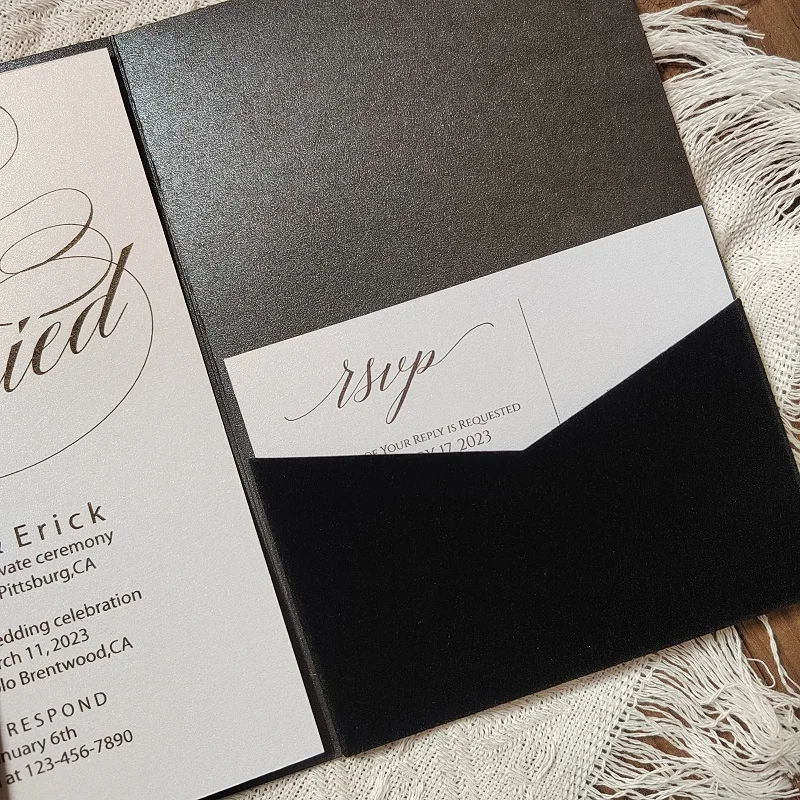 25pcs Black Velvet Invitation Card Pocket Folder,Trifild Folder,Black Velet and Black Pearlescent Paper