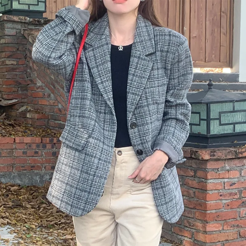 

Women's Autumn and Winter New Retro Blazer Contrast Color Plaid Lapel Wool Casual Suit Long Sleeve Single-breasted Jacket