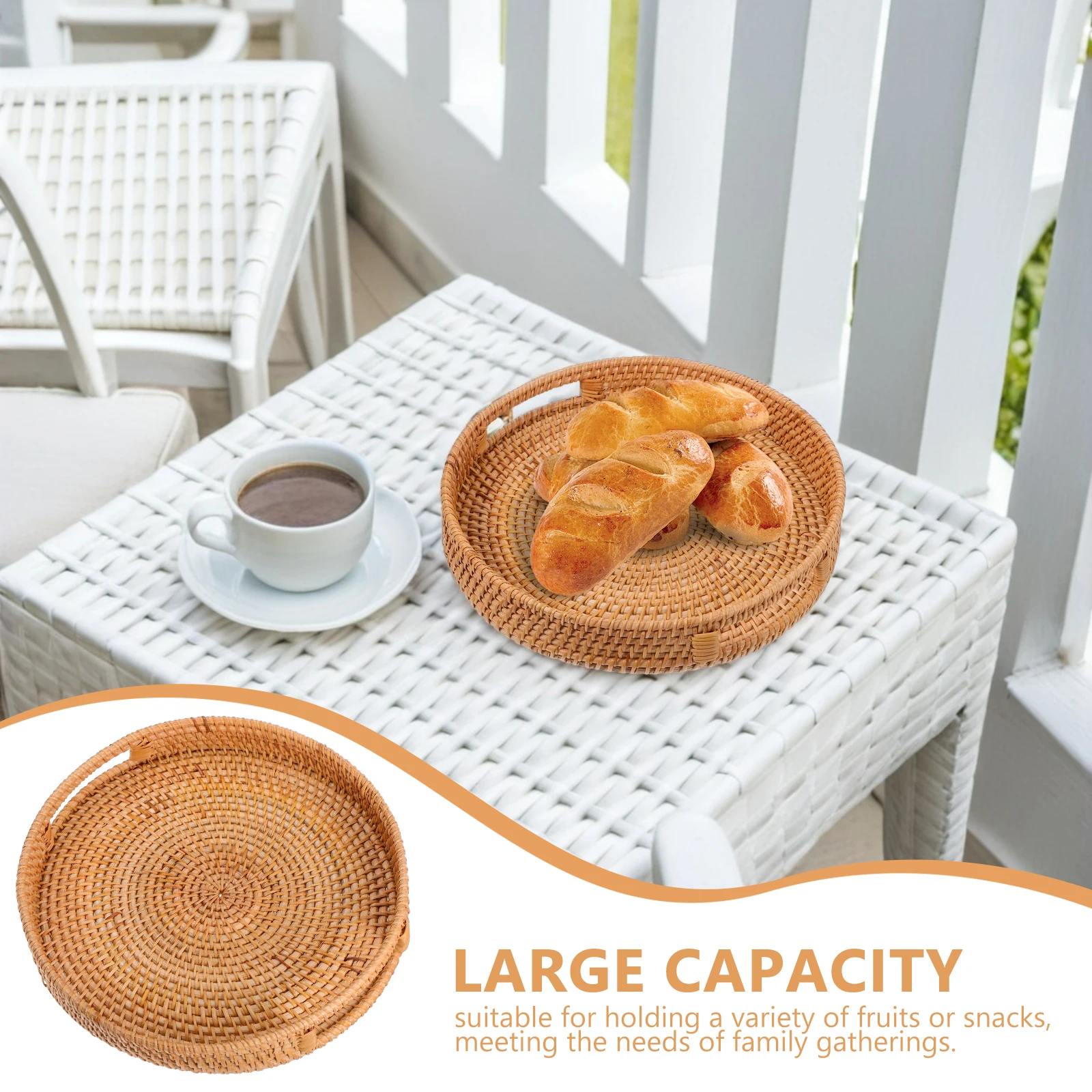 

Rattan Tray Bread Serving Basket Baskets for Storage Handle Kitchen Counter Snacks