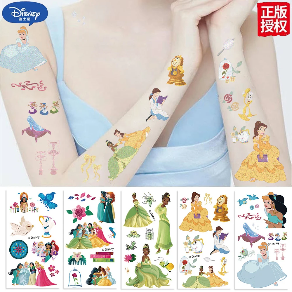 

10pcs Disney Princess Tattoo Stickers Cute Cartoon Belle Cinderella Snow White Kids Body Arm Face Temporary Fake Tattoos Decals