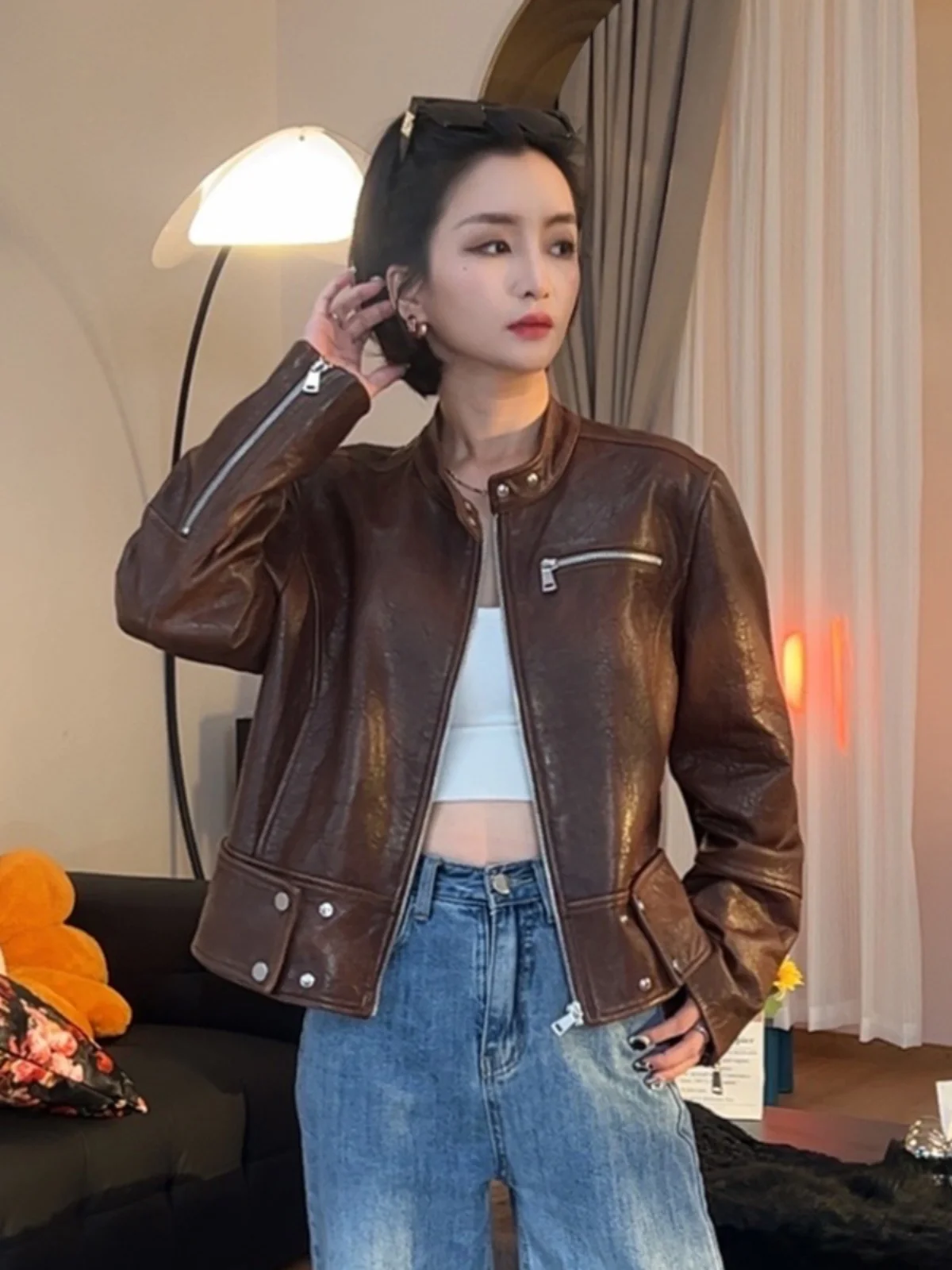 Giacca in Pelle Cerata alla Moda con Colletto Rialzato, Casual e Versatile, per Autunno e Inverno, con Cerniera e Taglio Dritto