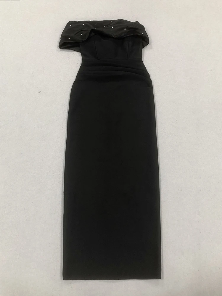 Sexy une épaule perlée plis robe de pansement femmes noir sans bretelles plissé perle longue robes moulantes robes de soirée