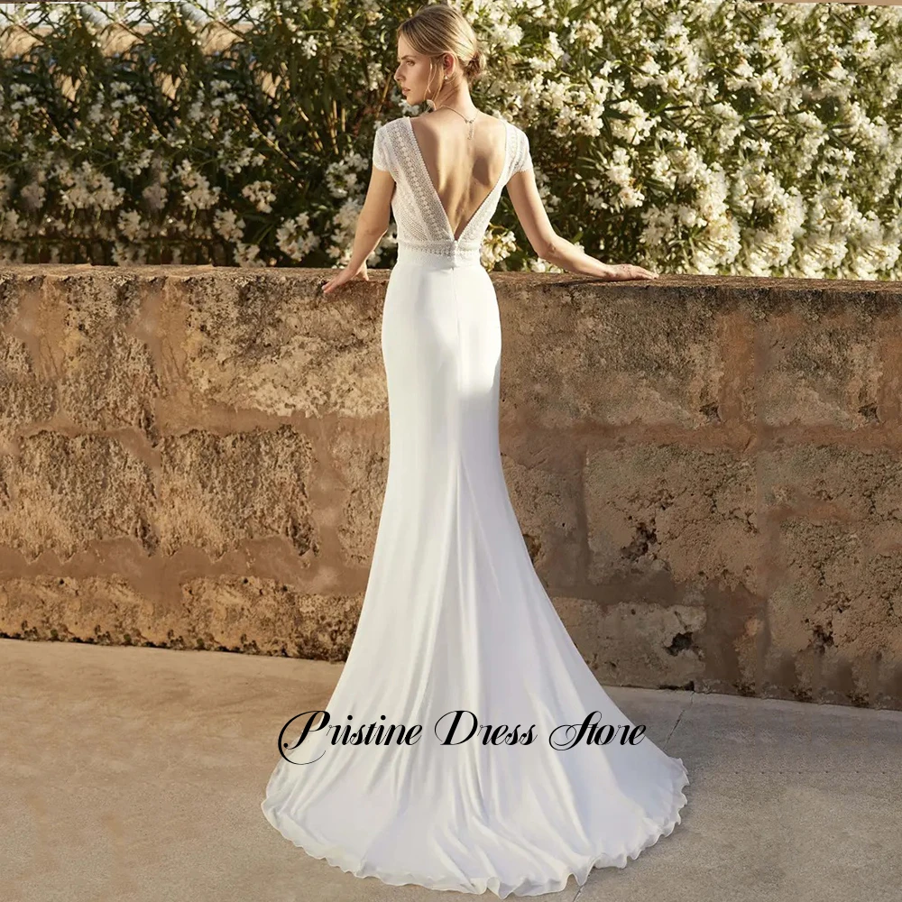 Bohemian Lace Short Sleeves Chiffon Wedding Dress Sexy Deep V-Neck Court Train Mermaid Bridal Gowns Customized Vestidos De Novia