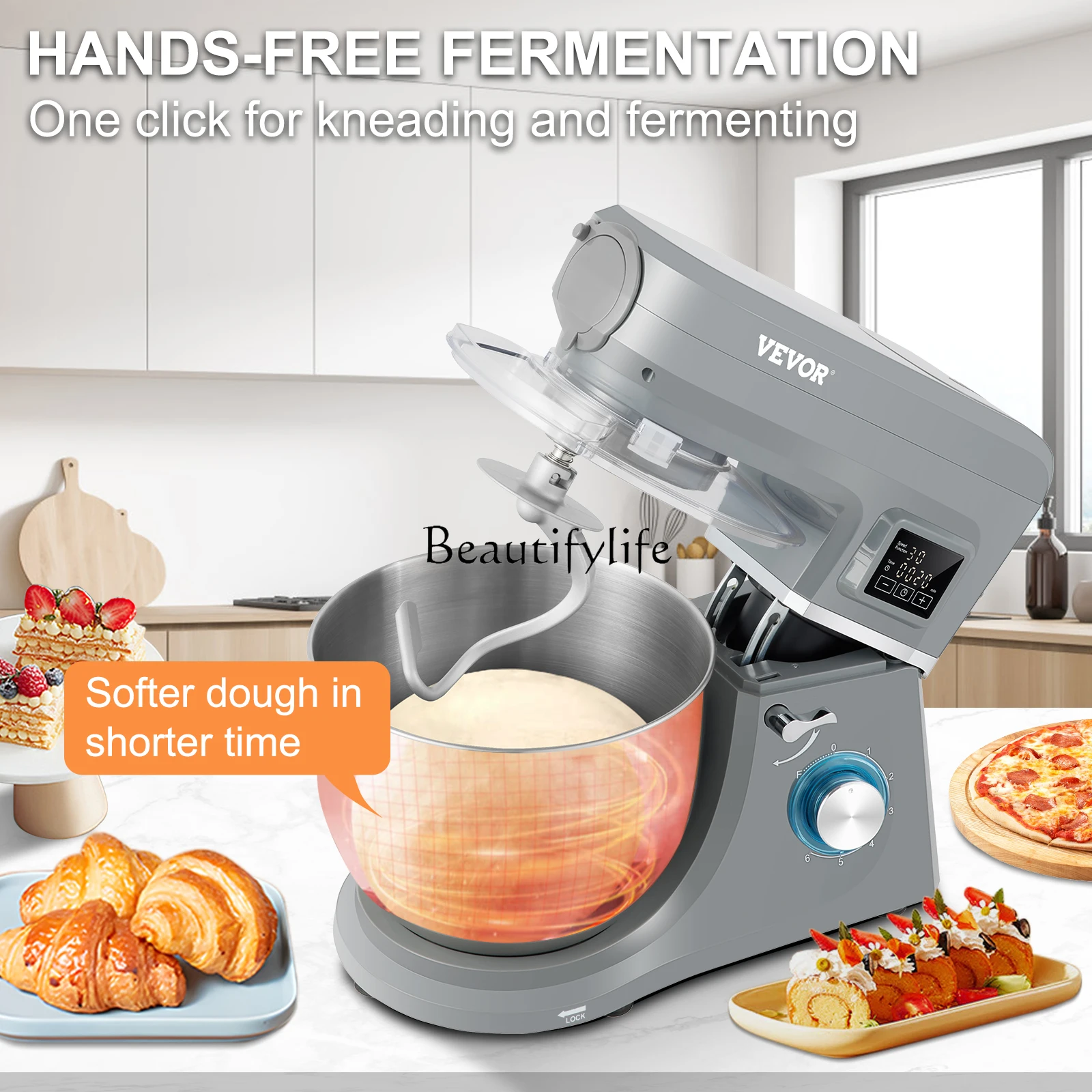 SucceBuy 5 IN 1 Stand Mixer Multifunctional Electric Mixer with 6 Speeds LCD Screen Timing 7.4 Qt Stainless Bowl Dough Hook