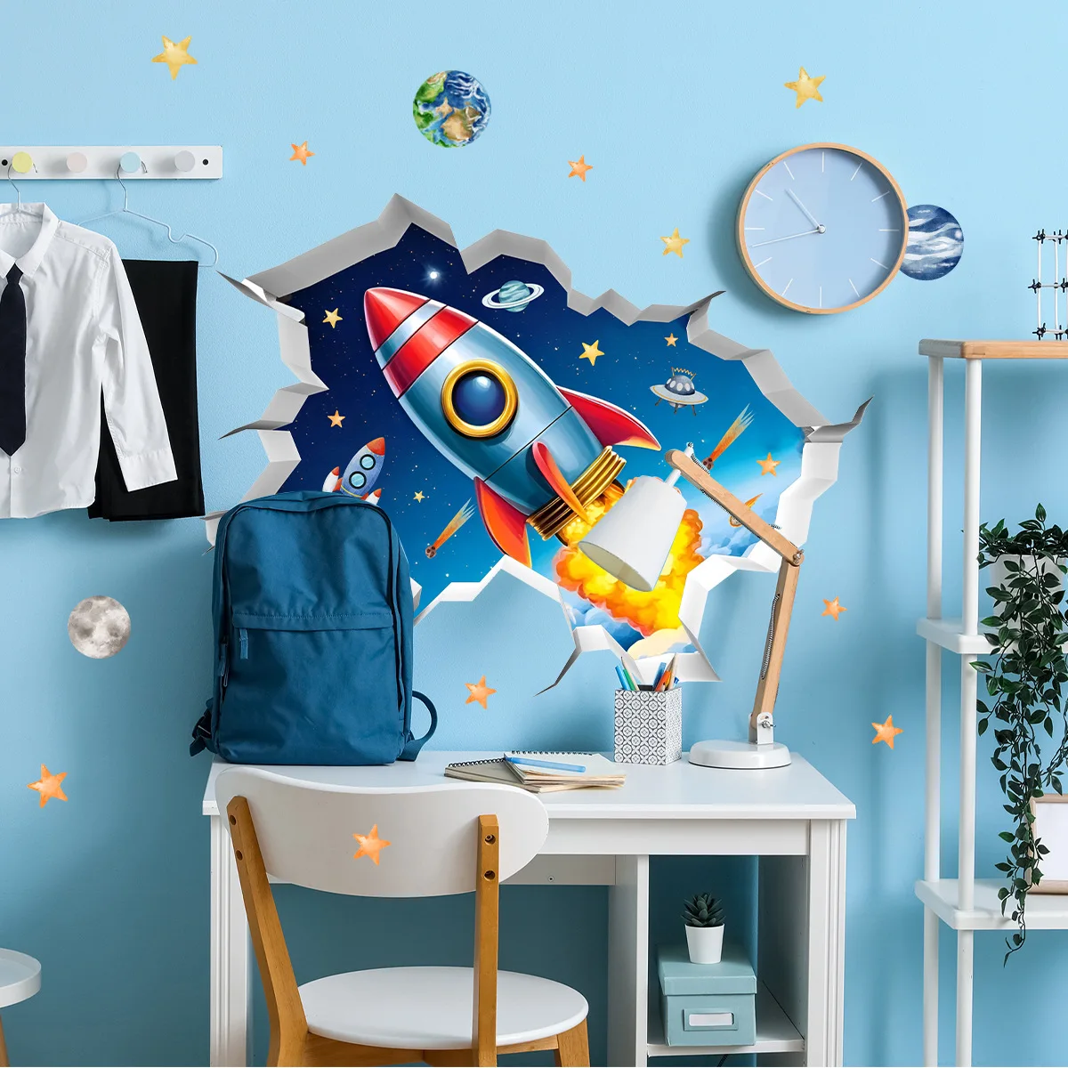 Autocollant mural cassé planètes de fusée d'univers 3D, papier peint planète spatiale cosmique pour chambre d'enfants, décoration murale de chambre de garçon