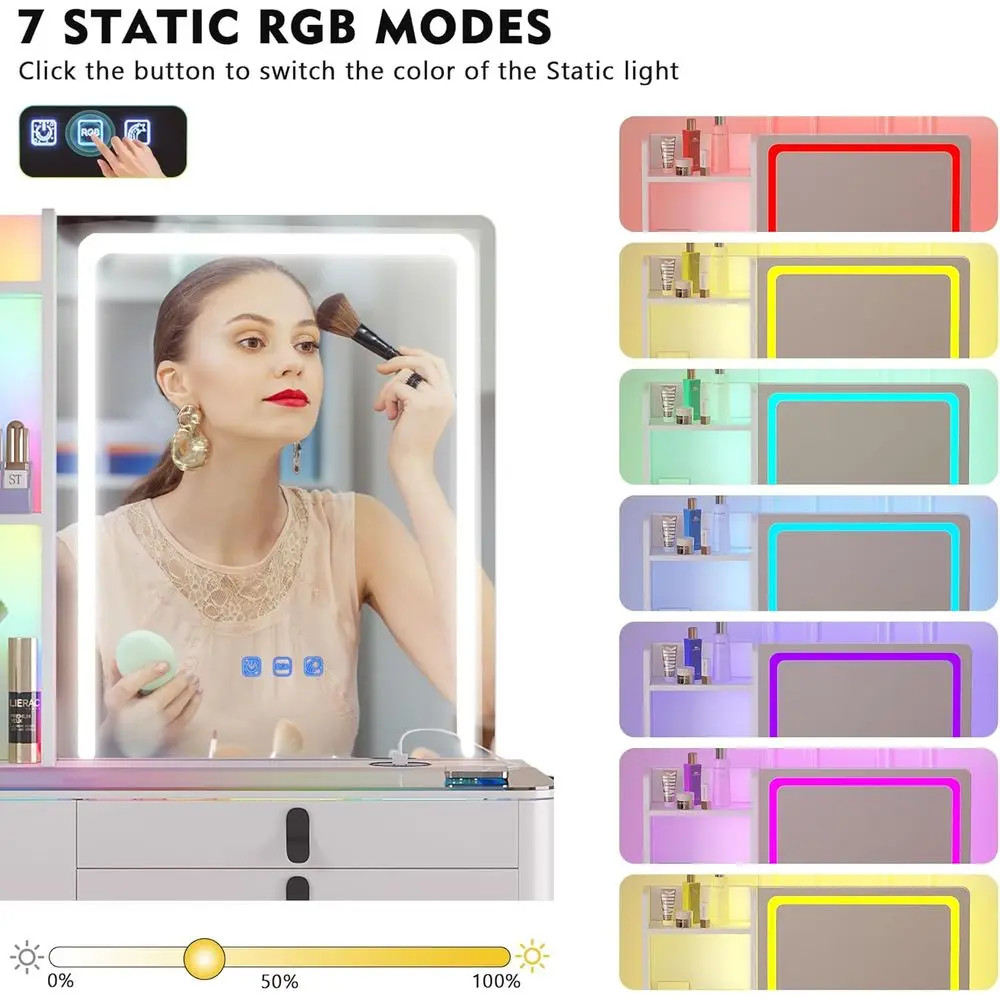 Gurexl RGB Vanity Desk with WirelCharging Station,Vanity Table with Lights and Mirror,7 and 7 Static Dimmable Vanity Set with US view 3