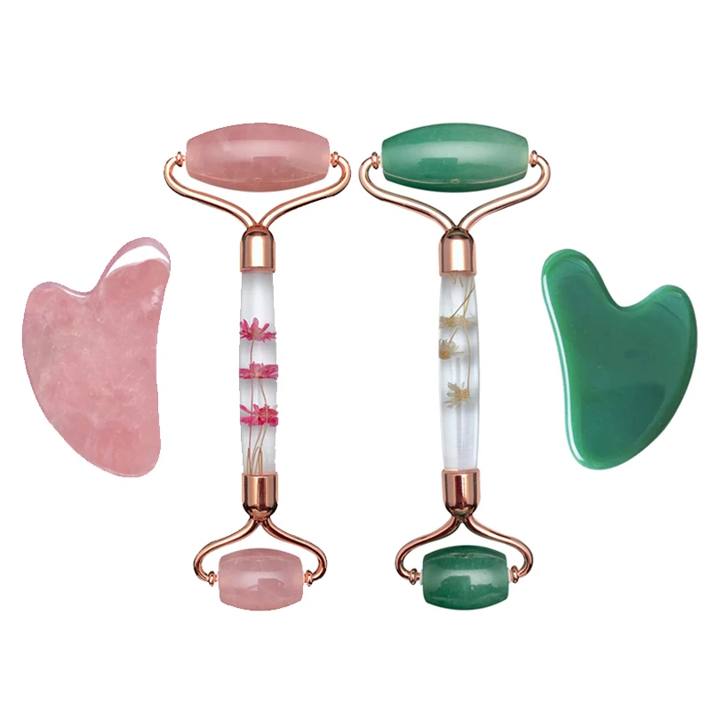 Rose Quartz Eternal Flower Jade Roller Gua Sha Set Natural Gouache Stone Face Massage Roller Gouache Scraper Reduce Wrinkles