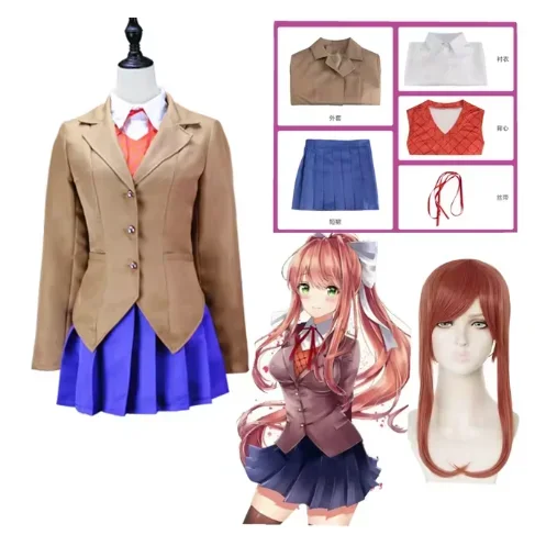 

Game Doki Doki Literature Club Monika Cosplay Sayori Yuri Natsuki Cosplay Costume Wig Set School Uniform Girl Women Costumes