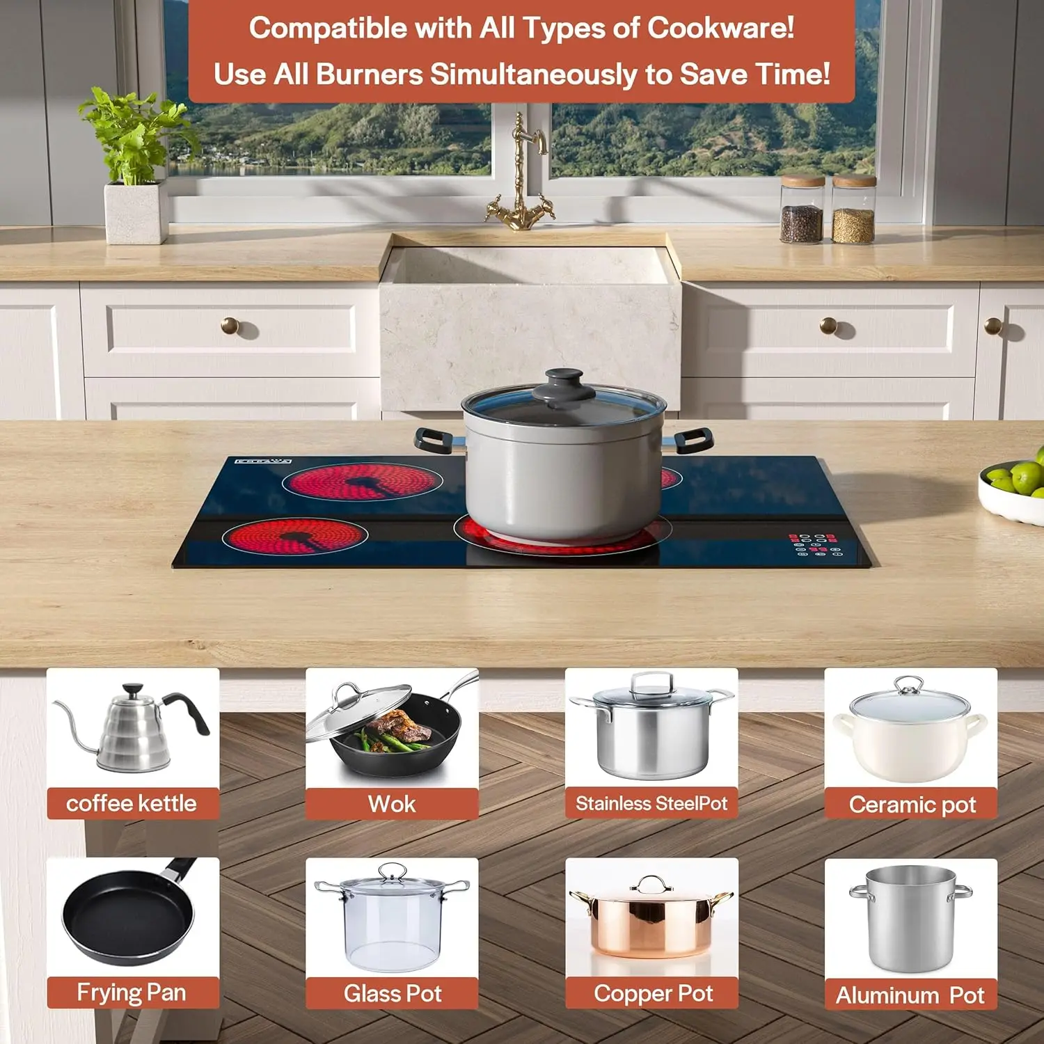 一体型放射ストーブ付き電気コンロ、30インチ、4つのバーナー、デュアルゾーン要素、セラミックガラス、黒の滑らかな表面を含む