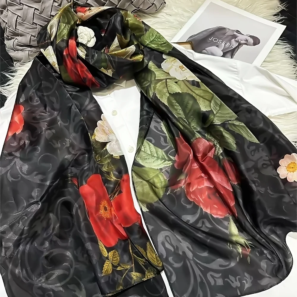 Red Black Mulberry Silk Silk Scarf Fashion Floral Design Silk Scarf Shawl Large Facecloth Apparel Accessories Women Long Scarf