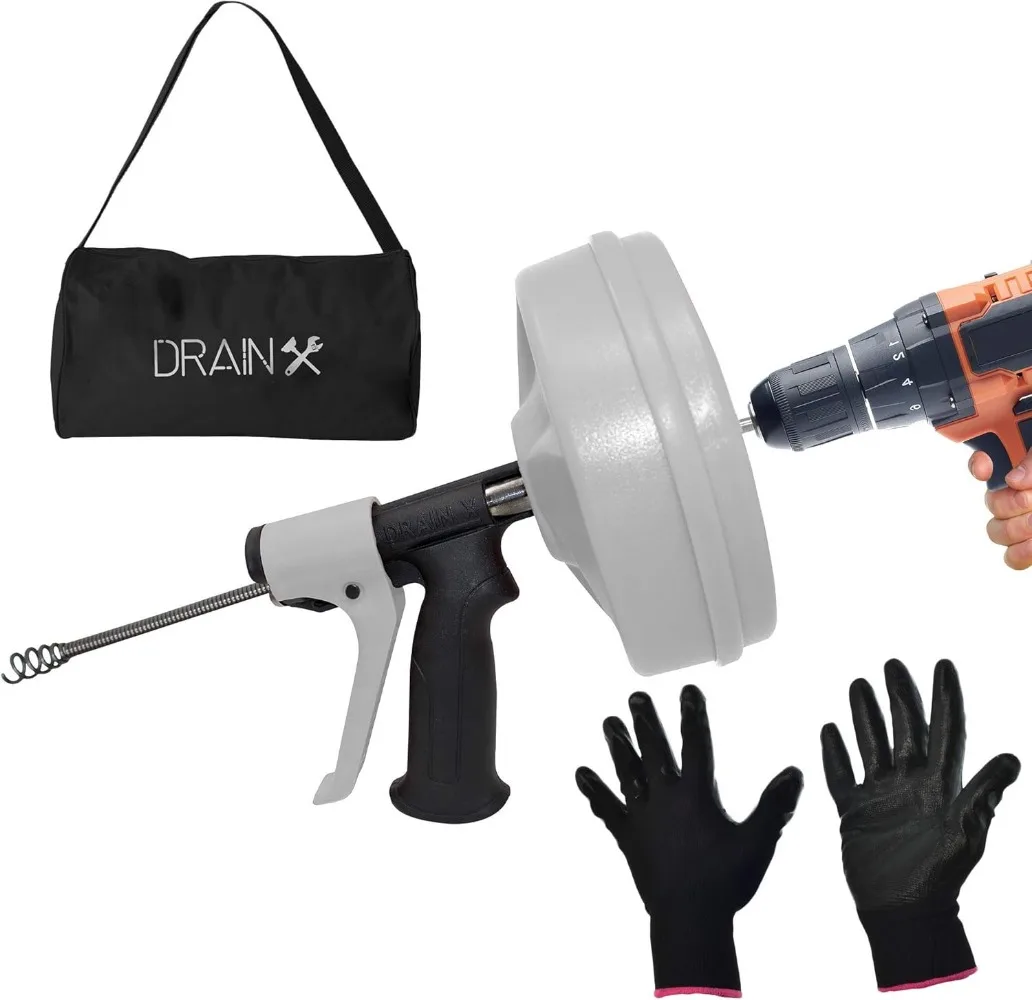 50 Foot Drum Auger | Use Manually or Drill Powered  Auto Extend and Retract Plumbing Snake Work Gloves and Storage Bag Included