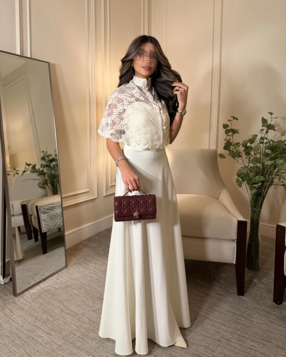 

Customized Beige Exquisite Elegant Jersey Lace Pleat Button A-line High Collar Long Dresses Evening Dresses For Birthday Party