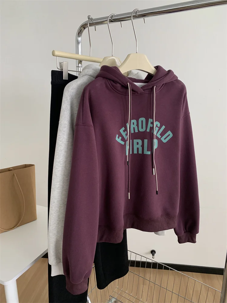 Fleece Hooded Sweatshirt Jacket Women, Loose Casual, Contrasting Color, Letter Printed American Style Pullover Top