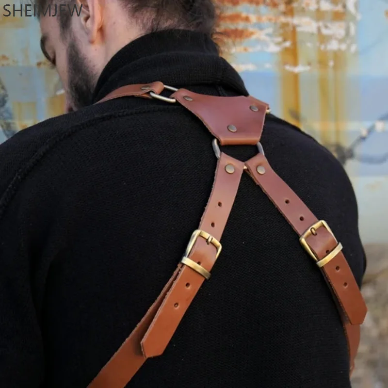 패션 더블 어깨 스트랩 멀티 포켓 남자 야외 도난 방지 가슴 가방 중세 가죽 다기능 Crossbody 가방 Walle