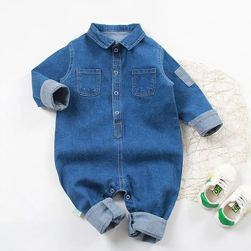 1 Pcs Baby Denim Clothes Long Sleeves Giraffe Print Jumpsuit