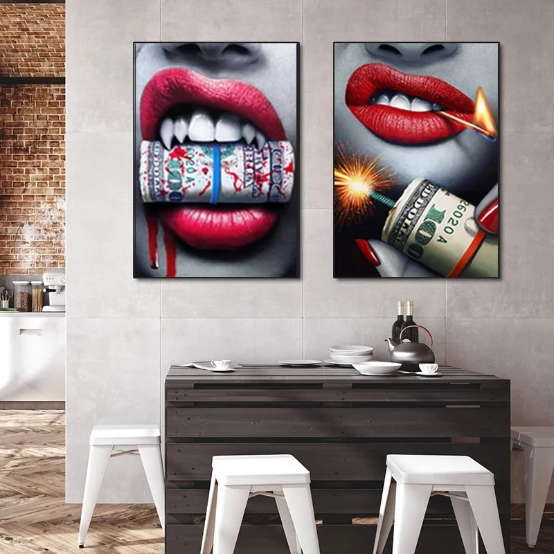 Red Lips Smoking Woman Watch Canvas Painting Burning Dollars Money Posters and Print Wall Art Picture for Living Room Home Decor