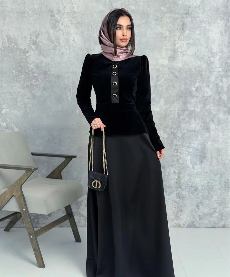 

Customized Formal Satin A-Line Buttons Evening Dress Delicate Long Sleeves O-neck Floor Length فستان سهرة نسائي