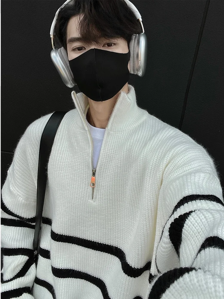 

Trendy Men's Zipper Stripe Knitwear f High Collar Loose Fit Overhead Winter Autumn New Arrival Comfortable Wearing Experience