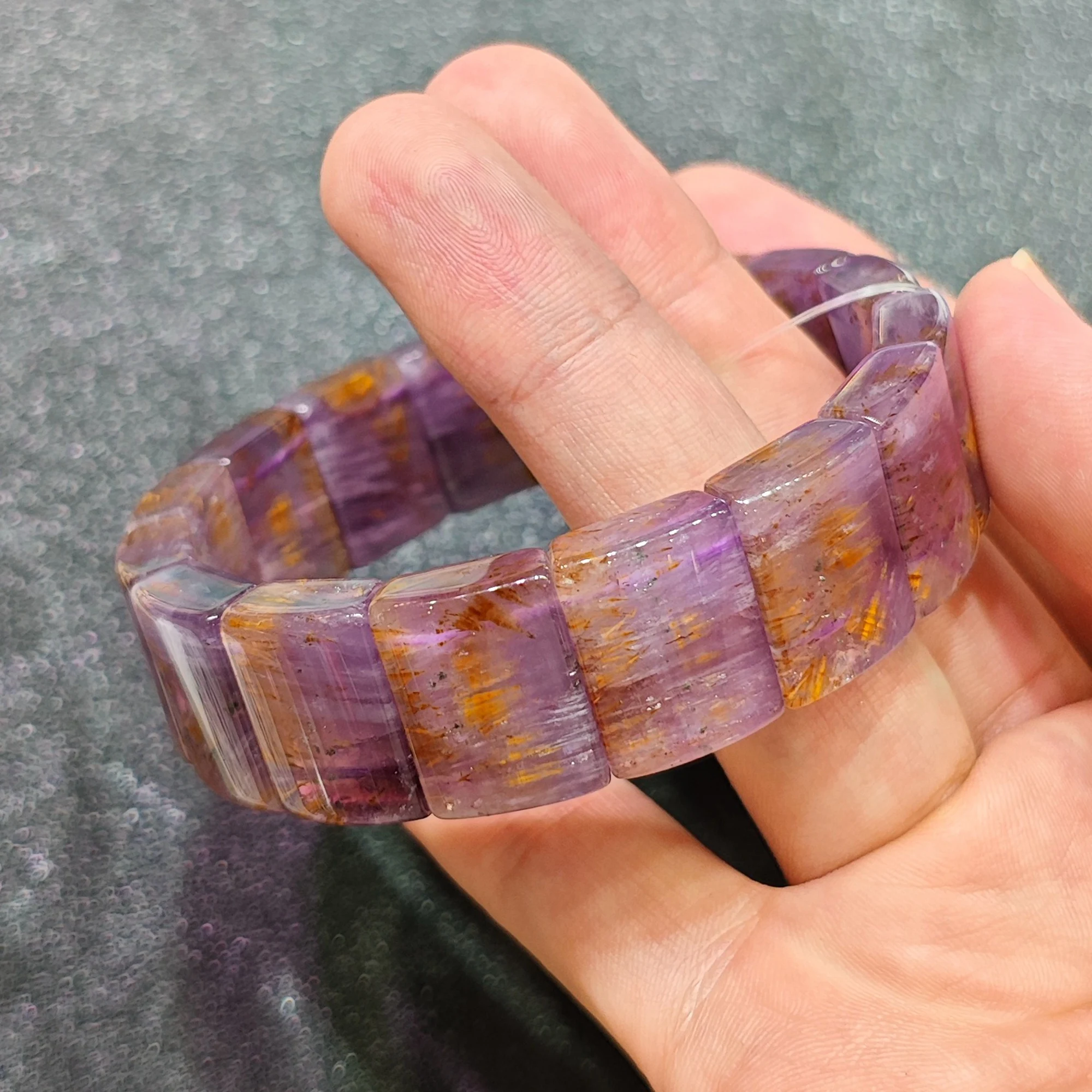 Natural Super Seven Gemstone Slab Segment Bangle Bracelet Amethyst Cacoxenite Tile Strand Wholesale Crystal Hand Jewelry