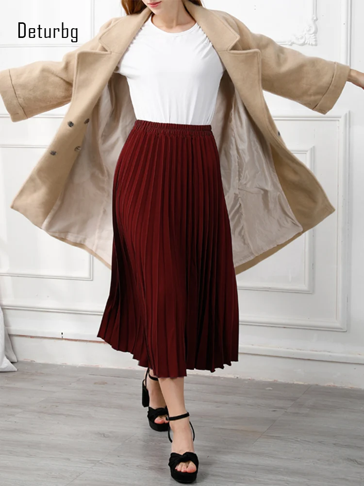 Women's Vintage Solid Pleated Midi Skirt Korean Fashion High Waist Thickened Warm Office Swing  A-Line Skirts 2024 Spring K409