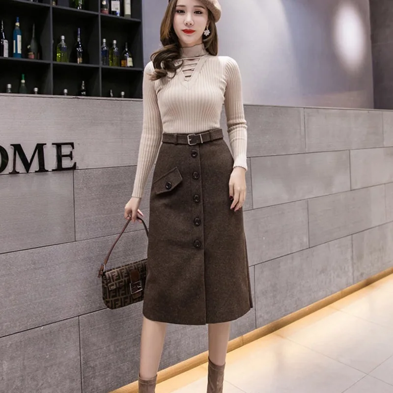 Warm Woolen Winter Skirts Women Korean Fashion Apricot Button Up Luxury Elegant Party Skirt Faldas Para Mujeres Rokjes with Belt