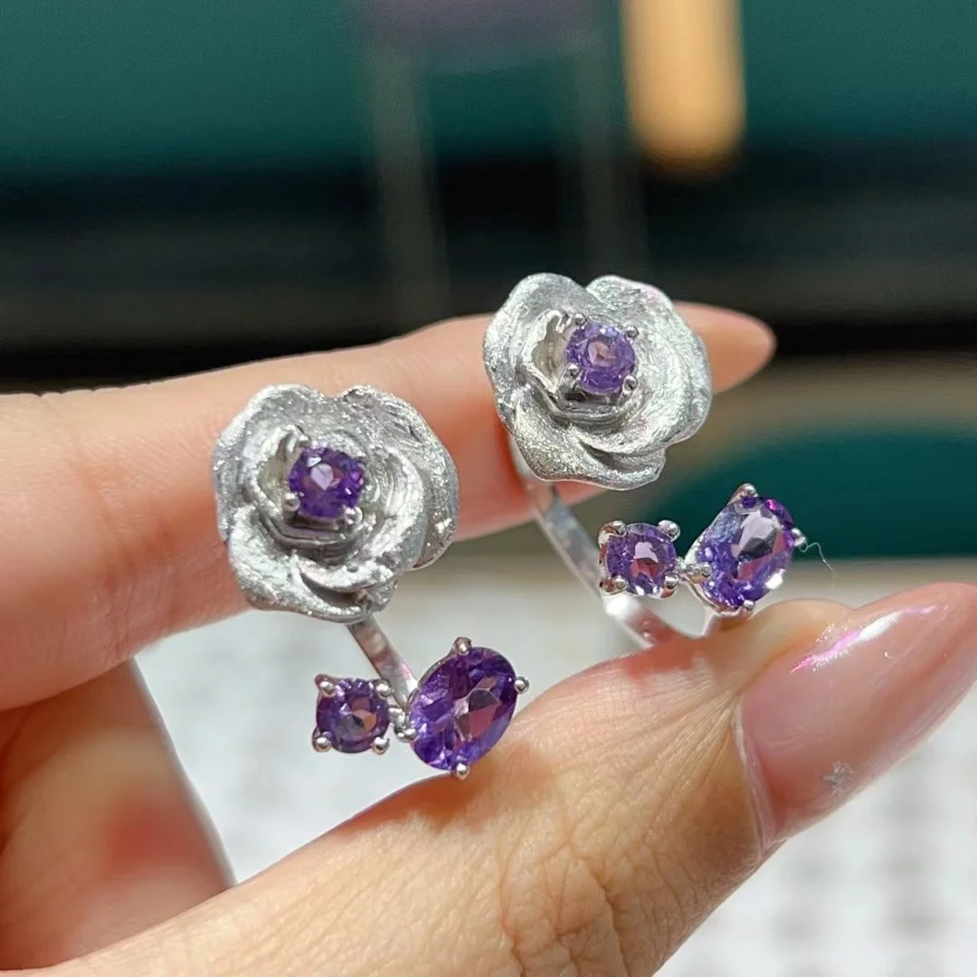 

Certificated 925 Silver Natural Amethyst & Diopside Camellia Cocktail Rings Rigato Genuine Gemstone Flower Finger Band Jewelry