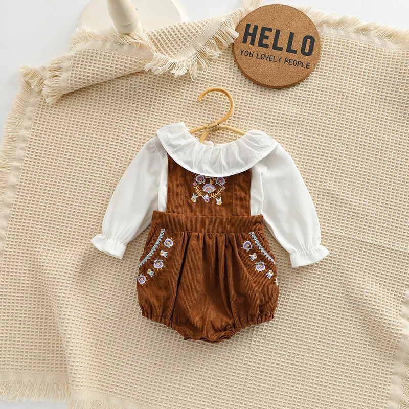 2025 Ins Korean Version Girls' Baby Versatile Base Shirt+embroidered Corduroy Shoulder Strap Two-piece Set