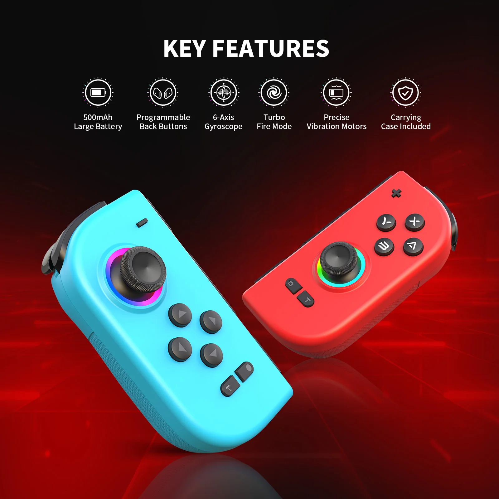 Joy-Pad sans fil pour Nintendo Switch/OLED/Lite/PC, Joystick à effet Hall RVB, boutons de micro-interrupteurs, gyroscope/Turbo/Vibration 6 axes