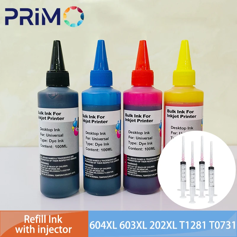 100ML Dye Ink Universal with injector for Epson 604XL 603XL 202XL T1281 T0731 T0921 T16 T1631 T1811 T29 29XL T2991 212XL 232XL