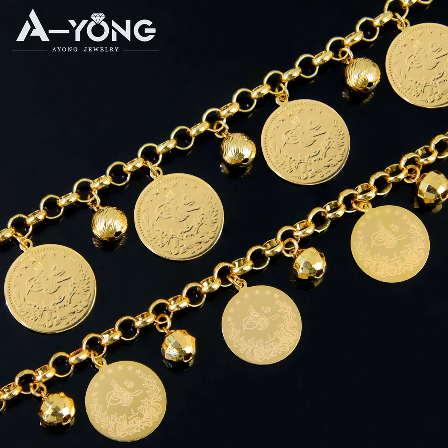 Saudi Muslim Gold Color Coins Bracelet 21k Gold Plated Elegant Balls Bangles Nigeria Brazilian Women Wedding Party Jewelry